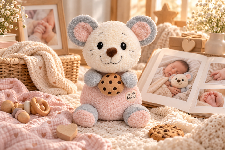 Peluche Cookie Mouse rodeado de recuerdos del bebé, fotografías, mantas suaves y detalles llenos de ternura, símbolo de amor y de una historia verdadera.