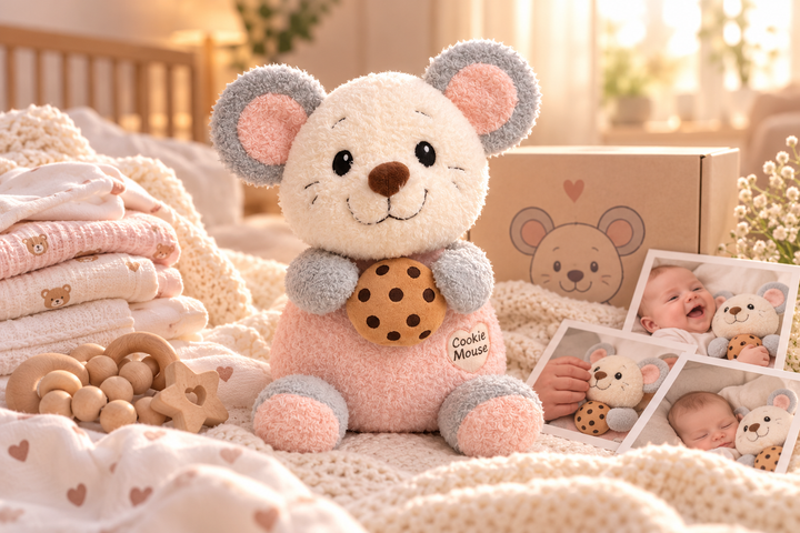 Peluche Cookie Mouse rodeado de recuerdos familiares, fotografías de bebés y regalos infantiles en un ambiente cálido y acogedor, símbolo de ternura y momentos especiales.
